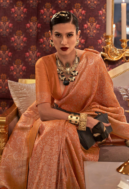 Orange Hadloom Weaving Silk Jacquard Woven Work Saree with Blouse