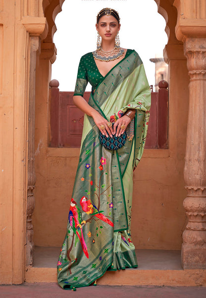 Pista Green Poly Silk Jacquard Woven With Digital Print Saree with Blouse