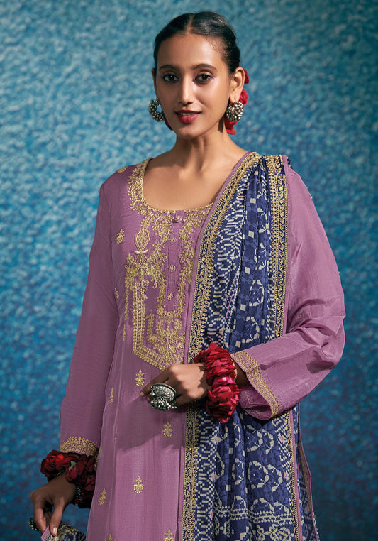 Lavender Modal Silk Heavy Thread Embroidery With Digital Print Dupatta Salwar Kameez
