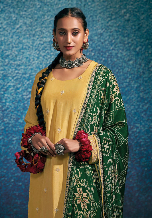 Yellow Modal Silk Heavy Thread Embroidery With Digital Print Dupatta Salwar Kameez