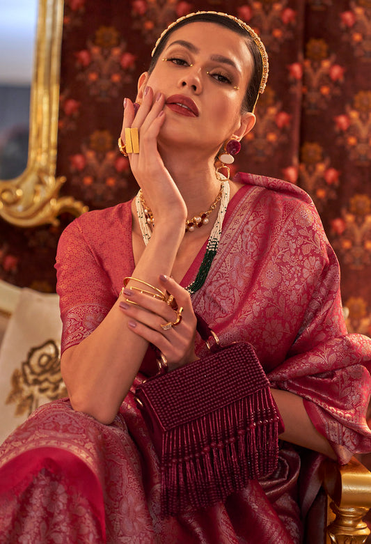 Rani Pink Hadloom Weaving Silk Jacquard Woven Work Saree with Blouse