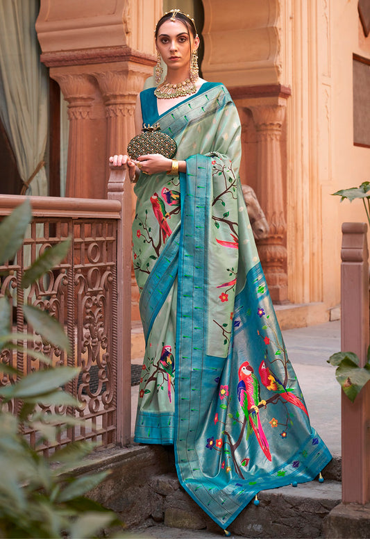 Mint Poly Silk Jacquard Woven With Digital Print Saree with Blouse