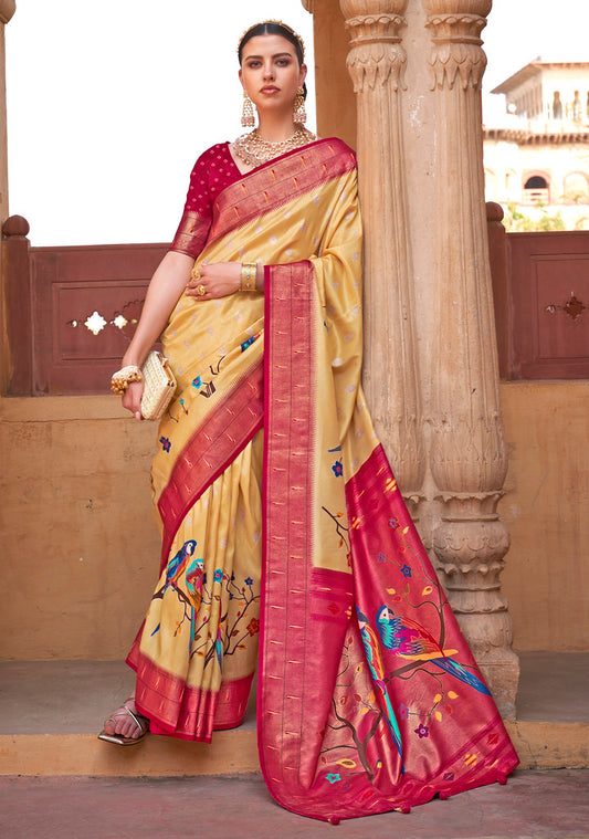 Yellow Poly Silk Jacquard Woven With Digital Print Saree with Blouse