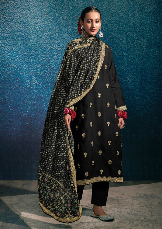 Black Modal Silk Heavy Thread Embroidery With Digital Print Dupatta Salwar Kameez