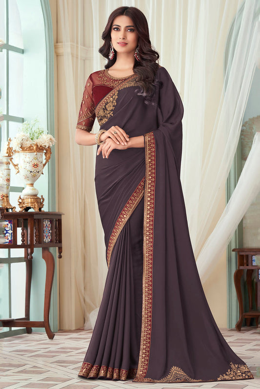 Burgundy Milano Silk Thread Embroidred With Sequins Work Saree with Blouse