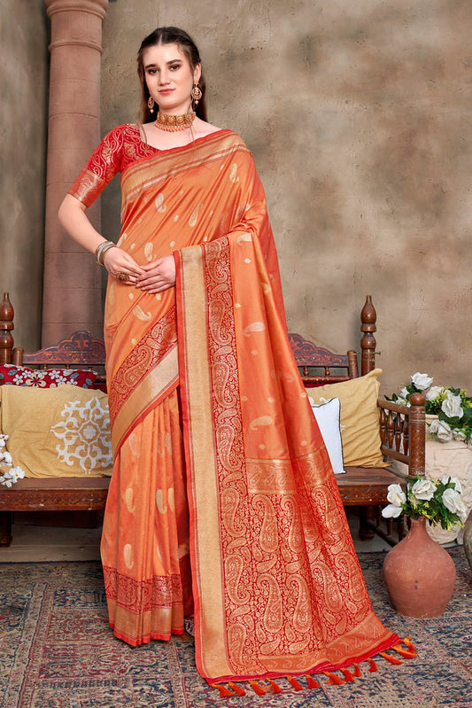 Orange Silk Jacquard Woven Work Saree with Blouse