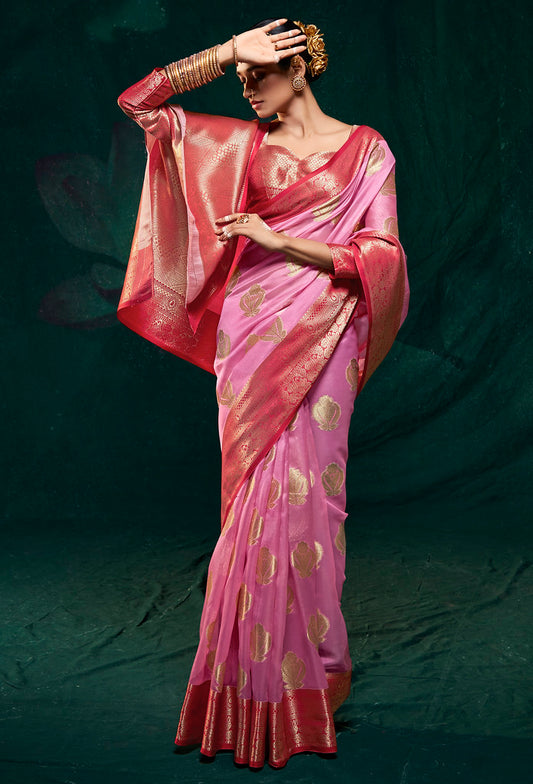 Pink Soft Satin Organza Jacquard Woven Saree with Blouse