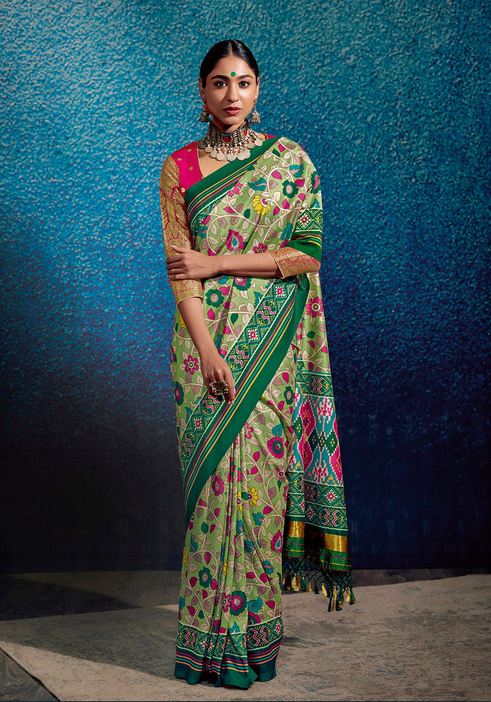 Pista Green Patola Silk  Kalamkari Print With Patola Pallu Saree with Blouse