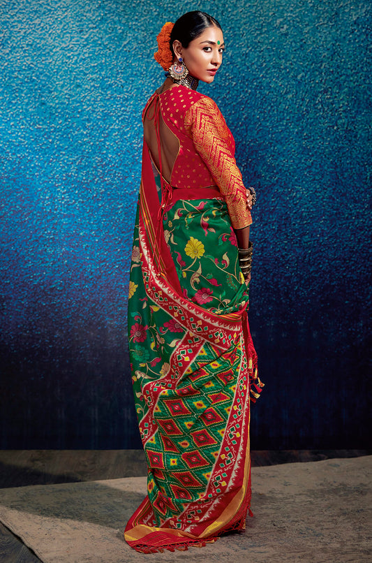 Green Patola Silk  Kalamkari Print With Patola Pallu Saree with Blouse