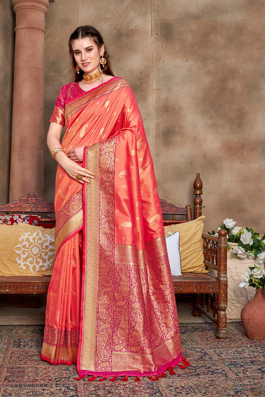 Coral Silk Jacquard Woven Work Saree with Blouse