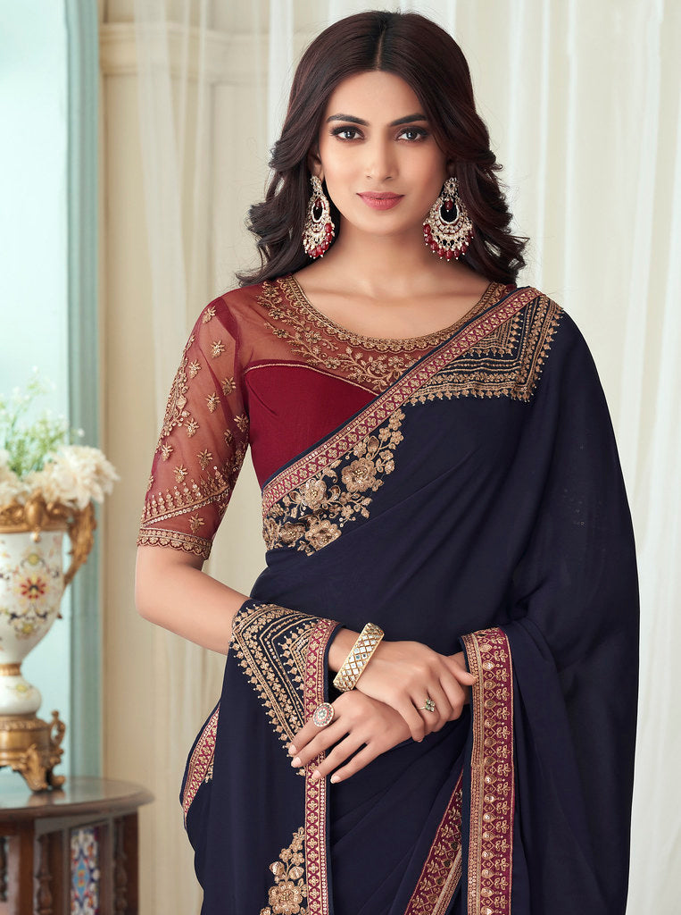 Navy Blue Milano Silk Thread Embroidred With Sequins Work Saree with Blouse