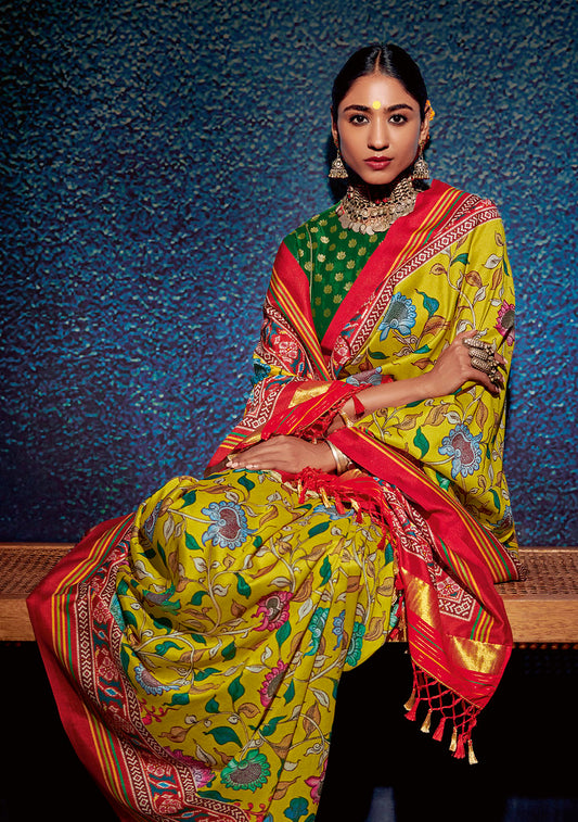 Yellow Patola Silk  Kalamkari Print With Patola Pallu Saree with Blouse