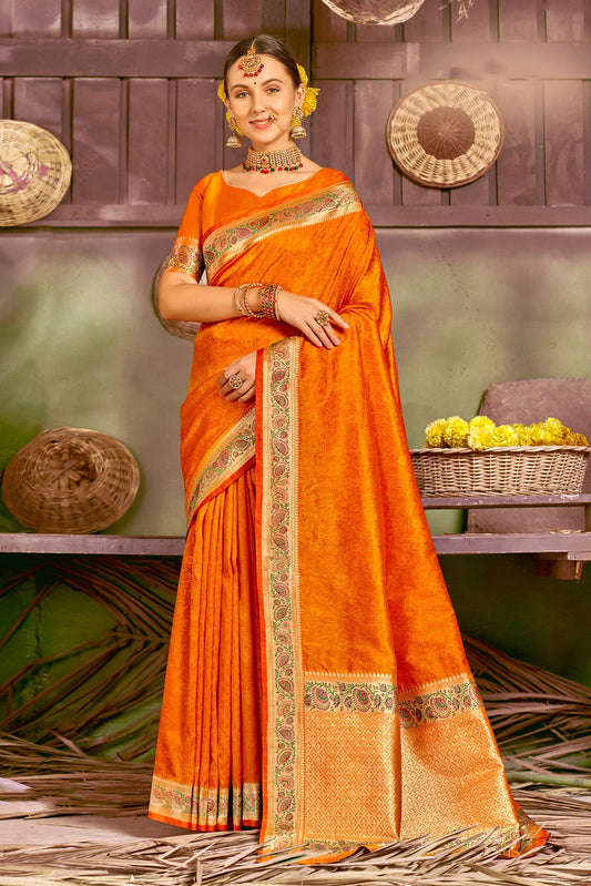 Orange Silk Jacquard Woven Saree with Blouse