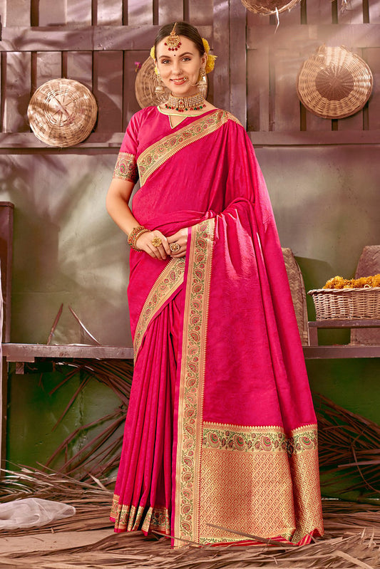 Rani Pink Silk Jacquard Woven Saree with Blouse