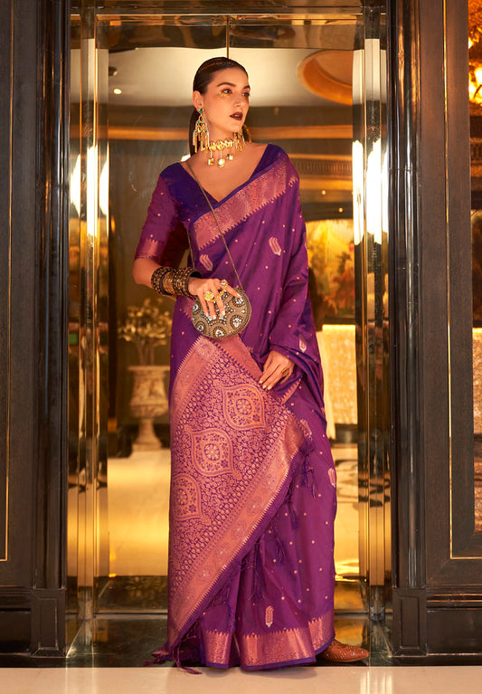 Violet Banarasi Silk Blend Jacquard Woven Saree with Blouse