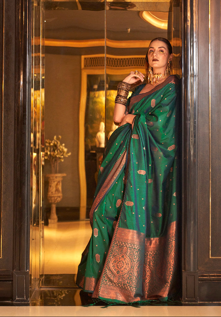 Green Banarasi Silk Blend Jacquard Woven Saree with Blouse