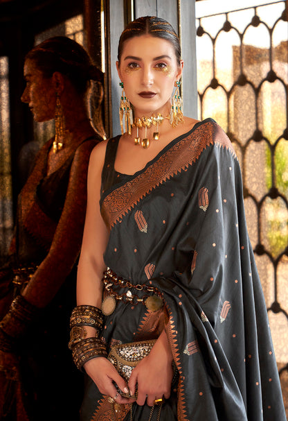 Charcoal Banarasi Silk Blend Jacquard Woven Saree with Blouse