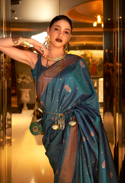 Teal Blue Banarasi Silk Blend Jacquard Woven Saree with Blouse