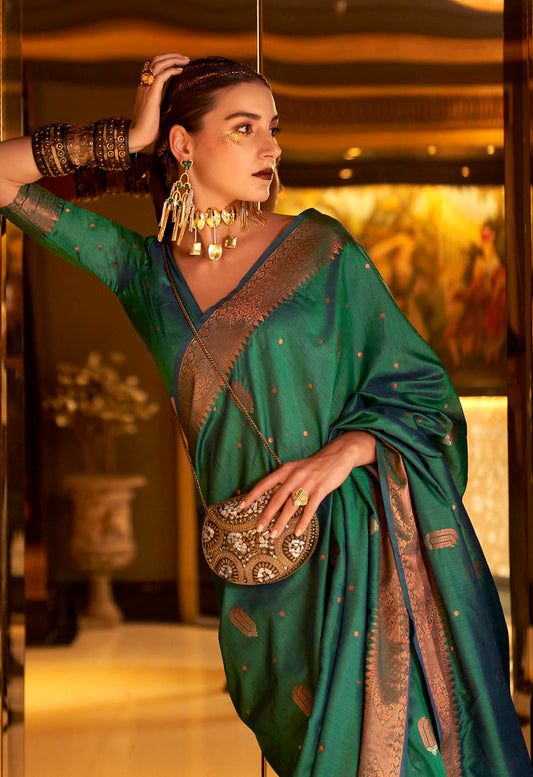 Green Banarasi Silk Blend Jacquard Woven Saree with Blouse
