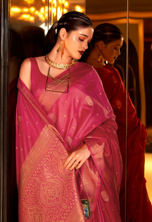 Rani Pink Banarasi Silk Blend Jacquard Woven Saree with Blouse