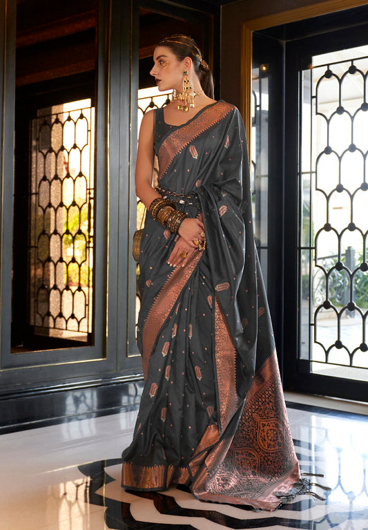 Charcoal Banarasi Silk Blend Jacquard Woven Saree with Blouse
