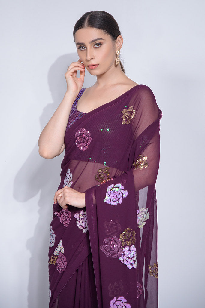 Purple Heavy Georgette Heavy Thread Embroidery Sequins Flower Work With Piping Border Saree With Blouse