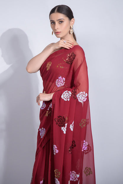 Red Heavy Georgette Heavy Thread Embroidery Sequins Flower Work With Piping Border Saree With Blouse