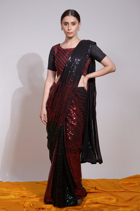 Black Heavy Georgette Heavy Thread Embroidery With Multicolor Sequins Work Saree With Blouse
