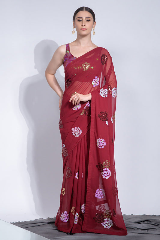 Red Heavy Georgette Heavy Thread Embroidery Sequins Flower Work With Piping Border Saree With Blouse