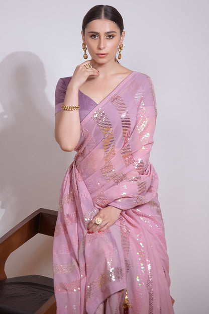Pink Heavy Georgette Heavy Thread Embroidery Sequins Work Saree With Blouse