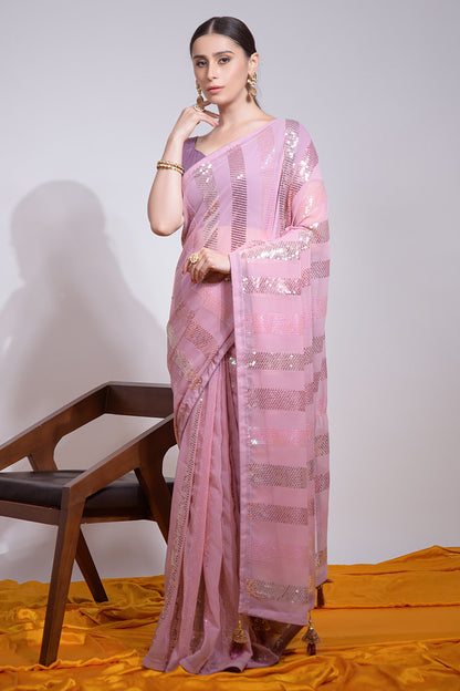 Pink Heavy Georgette Heavy Thread Embroidery Sequins Work Saree With Blouse