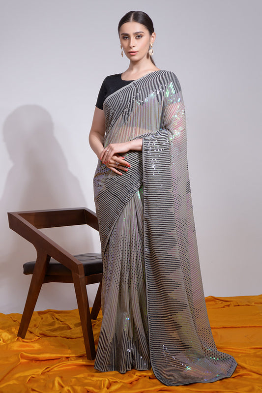 Grey Heavy Georgette Heavy Thread Embroidery Sequins Work Saree With Blouse