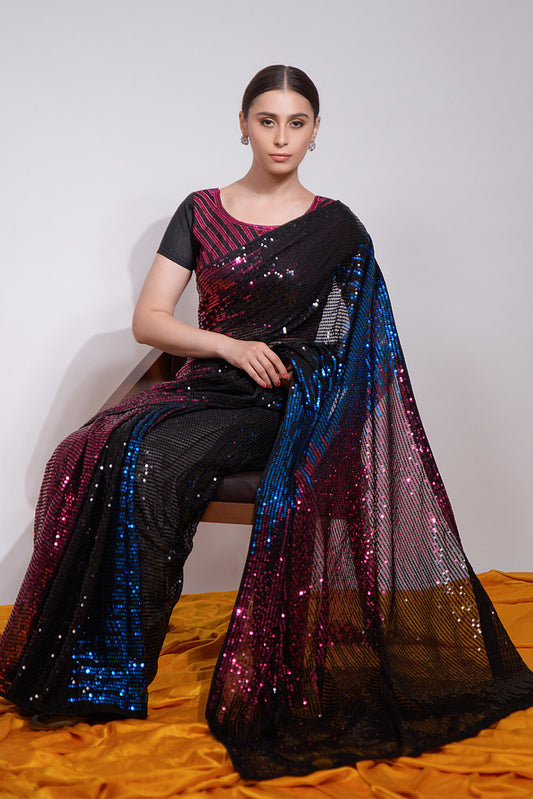 Black Heavy Georgette Heavy Thread Embroidery With Multicolor Sequins Work Saree With Blouse