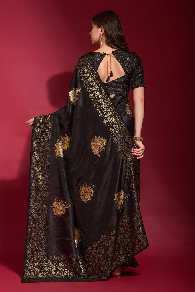 Black Georgette Silk Emboss Foil Print Saree With Blouse