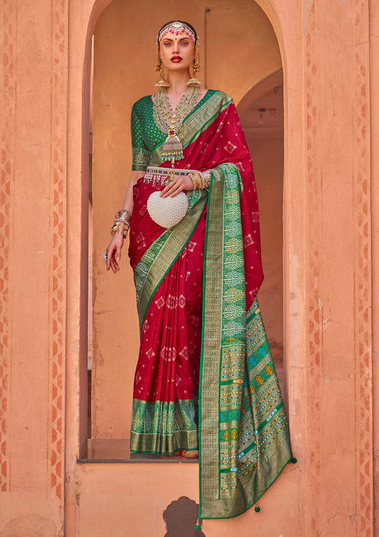 Red Patola Silk Golden Foil Print Saree With Blouse