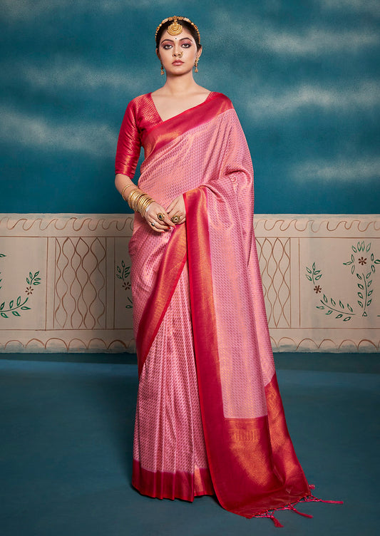 Pink Soft Kanjivaram Silk Jacquard Woven Saree With Blouse
