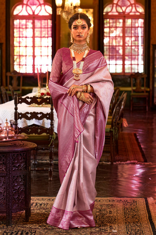 Onion Pink Kanjivaram Silk Woven Jacquard Work Saree With Blouse