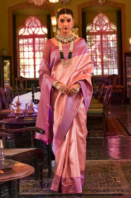 Peach Kanjivaram Silk Woven Jacquard Work Saree With Blouse