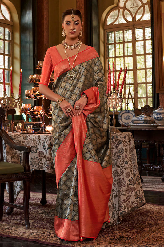 Black Kanjivaram Silk Woven Jacquard Work Saree With Blouse
