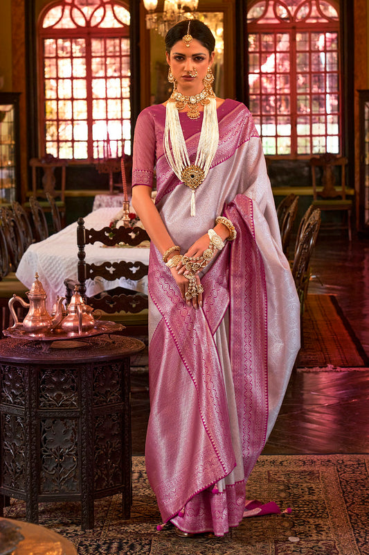 Onion Pink Kanjivaram Silk Woven Jacquard Work Saree With Blouse
