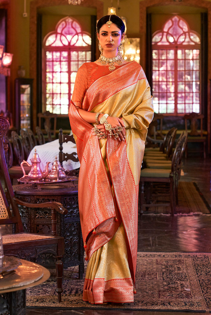 Mustard Kanjivaram Silk Woven Jacquard Work Saree With Blouse
