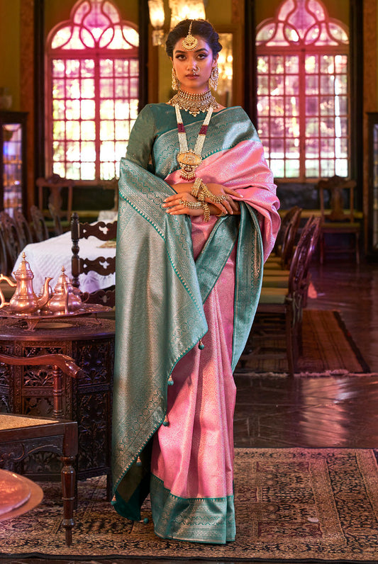 Pink Kanjivaram Silk Woven Jacquard Work Saree With Blouse