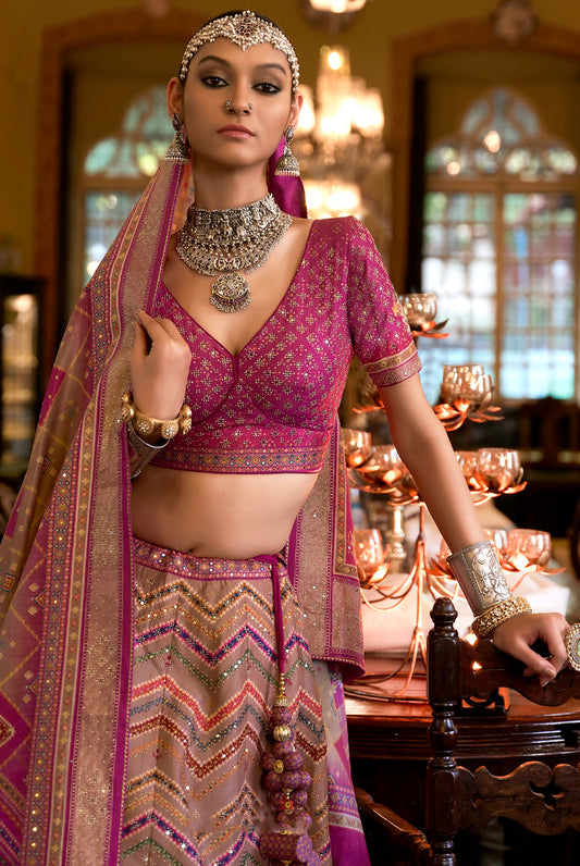 Antique Mauve & Hot Pink Rajwadi Silk Printed With Mirror & Aari Work Lehenga Choli