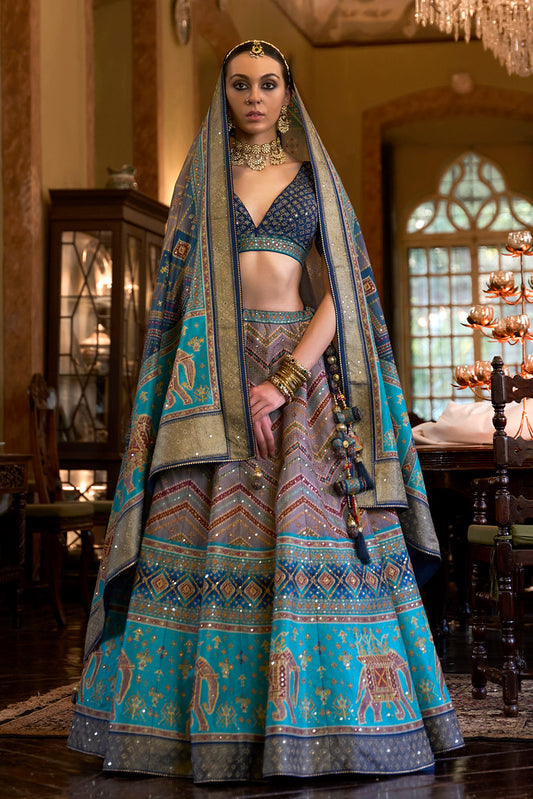 Mauve & Sky Blue Rajwadi Silk Printed With Mirror & Aari Work Lehenga Choli