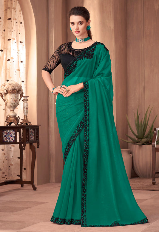 Rama Green Georgette Silk Plain Saree With Heavy Embroidred & Sequince Blouse, Lace Border Saree With Blouse