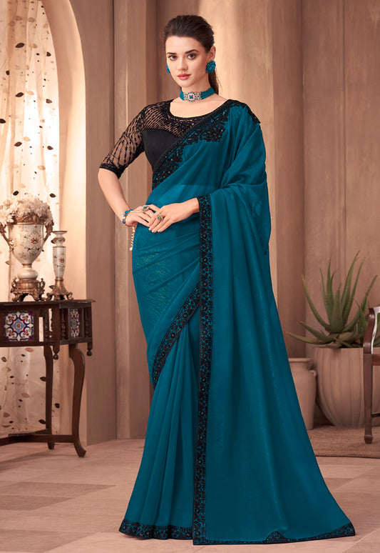 Teal Blue Georgette Silk Plain Saree With Heavy Embroidred & Sequince Blouse, Lace Border Saree With Blouse