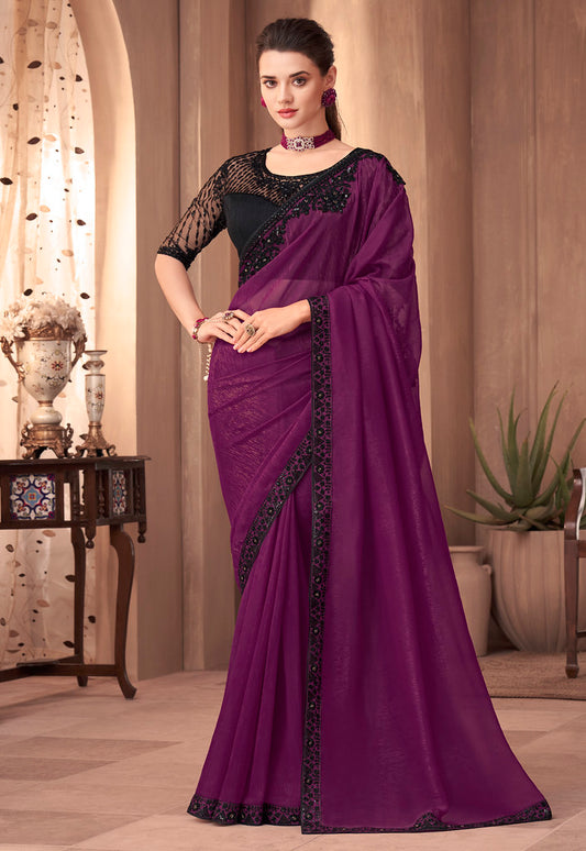 Purple Georgette Silk Plain Saree With Heavy Embroidred & Sequince Blouse, Lace Border Saree With Blouse