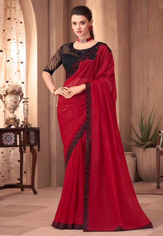 Red Georgette Silk Plain Saree With Heavy Embroidred & Sequince Blouse, Lace Border Saree With Blouse