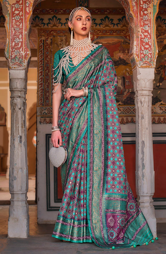 Multicolor Silk Ajrakh Design Print Saree With Blouse