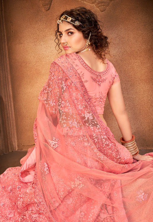 Blush Pink Net Heavy Thread Embroidery With Diamond Work Lehenga Choli